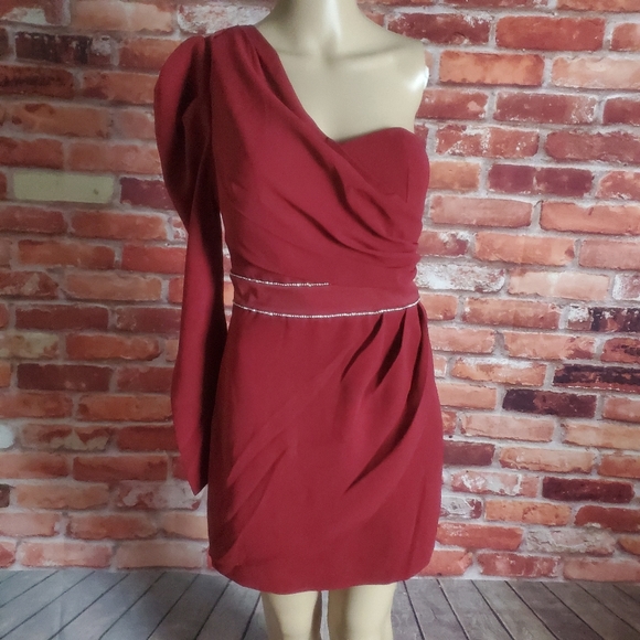 Bebe Burgundy One Shoulder Mini Dress  6 - Picture 3 of 4